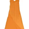 Orange bias-cut silk Ghost Palm plunge neck slip dress with spiral seam paneled hem