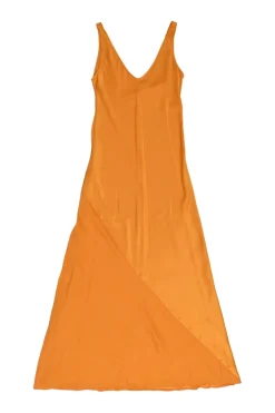 Orange bias-cut silk Ghost Palm plunge neck slip dress with spiral seam paneled hem