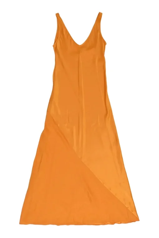 Orange bias-cut silk Ghost Palm plunge neck slip dress with spiral seam paneled hem