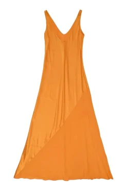 Orange bias-cut silk Ghost Palm plunge neck slip dress with spiral seam paneled hem