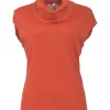 Orange cashmere cowl turtleneck cap sleeve pullover knit top