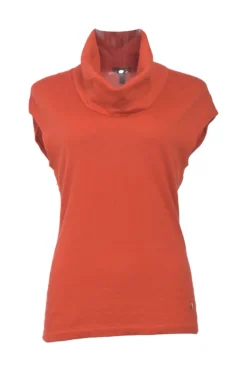 Orange cashmere cowl turtleneck cap sleeve pullover knit top