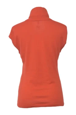 Orange cashmere cowl turtleneck cap sleeve pullover knit top
