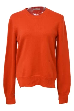 Orange cashmere knit crewneck pullover slit sweater