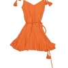 Orange cotton Casey tasseled mini A-line ruffle dress with twisted tie-waist fastening