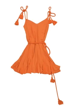 Orange cotton Casey tasseled mini A-line ruffle dress with twisted tie-waist fastening