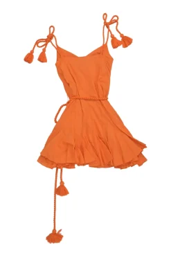 Orange cotton Casey tasseled mini A-line ruffle dress with twisted tie-waist fastening