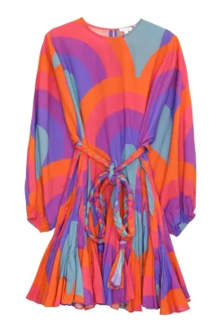 Orange cotton voile rainbow print pullover Ella belted mini dress with godet skirt inserts