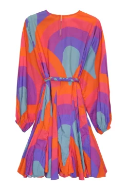 Orange cotton voile rainbow print pullover Ella belted mini dress with godet skirt inserts