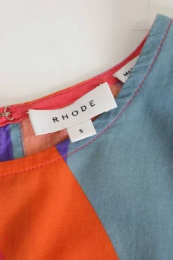 Orange cotton voile rainbow print pullover Ella belted mini dress with godet skirt inserts