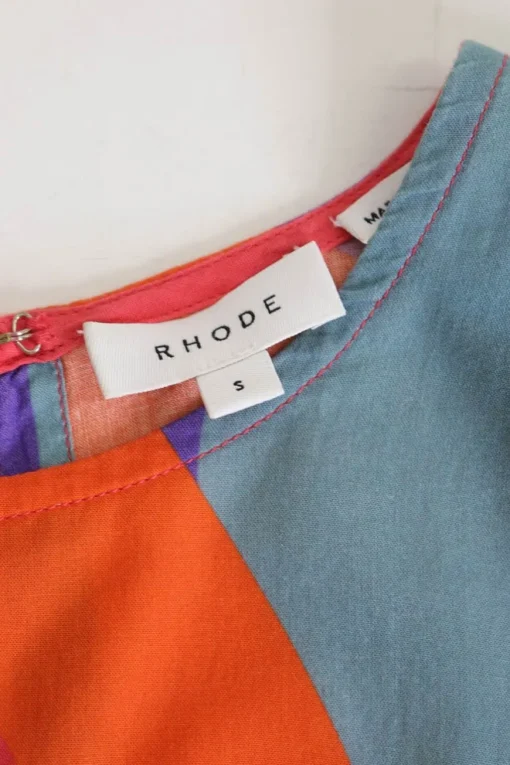 Orange cotton voile rainbow print pullover Ella belted mini dress with godet skirt inserts