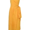 Orange cotton wrap-front tie-waist bustier midi dress with adjustable spaghetti straps