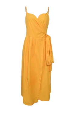 Orange cotton wrap-front tie-waist bustier midi dress with adjustable spaghetti straps