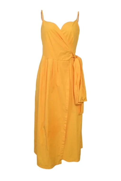 Orange cotton wrap-front tie-waist bustier midi dress with adjustable spaghetti straps