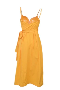 Orange cotton wrap-front tie-waist bustier midi dress with adjustable spaghetti straps