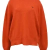 Orange crewneck pullover sweater featuring logo broderie motif