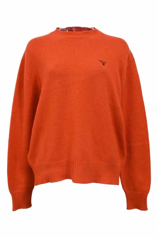 Orange crewneck pullover sweater featuring logo broderie motif