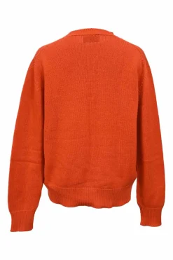 Orange crewneck pullover sweater featuring logo broderie motif