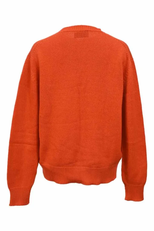Orange crewneck pullover sweater featuring logo broderie motif