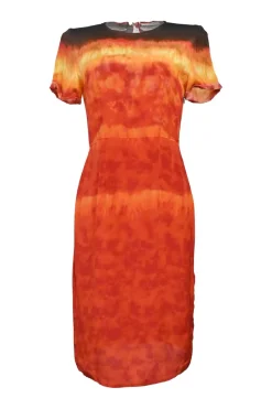 Orange dip-dyed silk short sleeve sheath dress with keyhole back