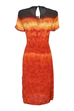 Orange dip-dyed silk short sleeve sheath dress with keyhole back