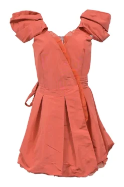 Orange draped silk-blend plunge neck puff sleeve tie-waist mini bubble dress with tonal tulle frill trim appliqué
