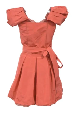 Orange draped silk-blend plunge neck puff sleeve tie-waist mini bubble dress with tonal tulle frill trim appliqué