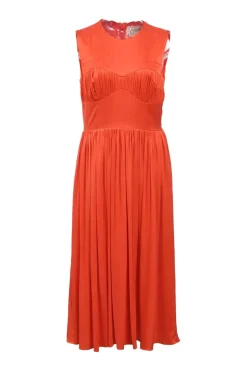 Orange gathered bustier style crewneck Demy sleeveless midi dress