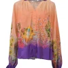 Orange gathered cotton painterly floral print button-front blouse with concealed placket and ribbon tab cuffs