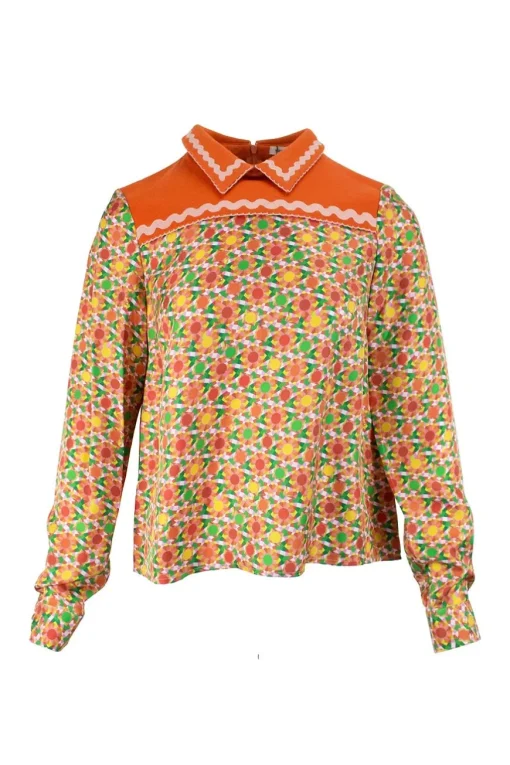 Orange long sleeve, silk and cotton top with polo collar and green geometrical pattern