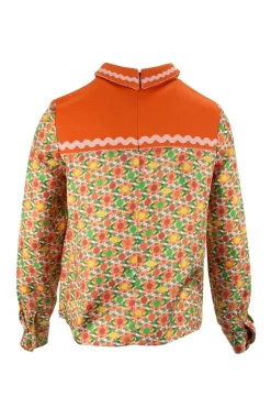 Orange long sleeve, silk and cotton top with polo collar and green geometrical pattern
