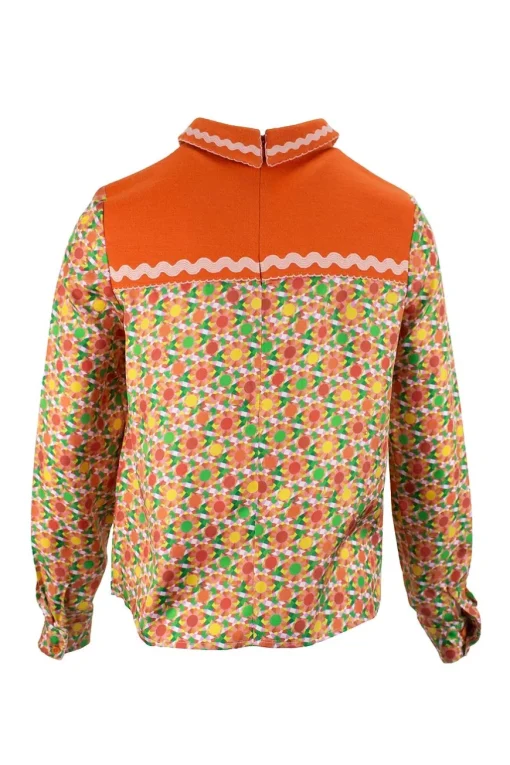 Orange long sleeve, silk and cotton top with polo collar and green geometrical pattern