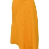 Orange merino wool pull-on asymmetric ribbed midi skirt with hip patch pocket