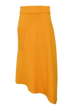 Orange merino wool pull-on asymmetric ribbed midi skirt with hip patch pocket