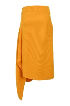 Orange merino wool pull-on asymmetric ribbed midi skirt with hip patch pocket