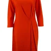 Orange mid-length sleeve knee-length dress with side pleats. Feature zipper closure at the back