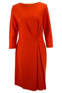 Orange mid-length sleeve knee-length dress with side pleats. Feature zipper closure at the back
