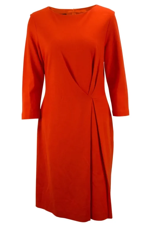 Orange mid-length sleeve knee-length dress with side pleats. Feature zipper closure at the back