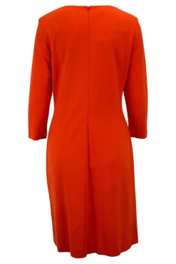 Orange mid-length sleeve knee-length dress with side pleats. Feature zipper closure at the back