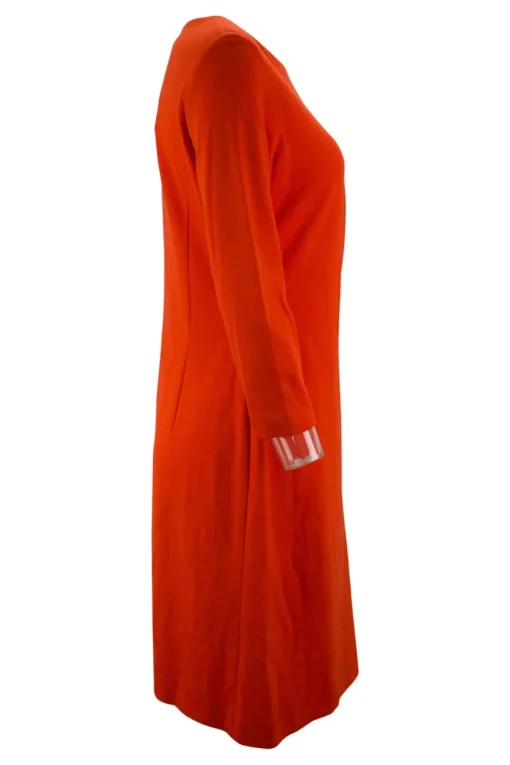 Orange mid-length sleeve knee-length dress with side pleats. Feature zipper closure at the back