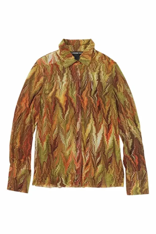 Orange nylon marbled digi-print button-front classic collar shirt from FW2000 runway