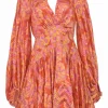 Orange polyester abstract floral print plunge neck empire-waist gathered mini dress with bishop sleeves