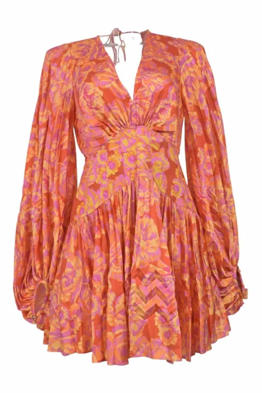 Orange polyester abstract floral print plunge neck empire-waist gathered mini dress with bishop sleeves