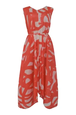 Orange polyester abstract print sleeveless A-line midi plissé dress with self-tie fastening at waist