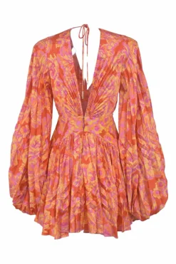 Orange polyester abstract floral print plunge neck empire-waist gathered mini dress with bishop sleeves