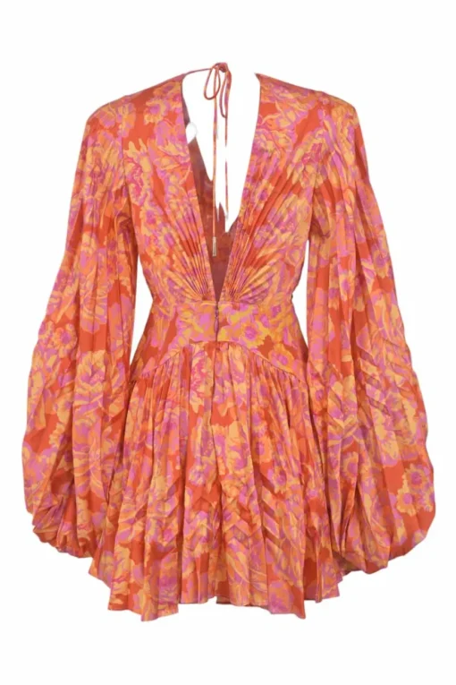 Orange polyester abstract floral print plunge neck empire-waist gathered mini dress with bishop sleeves