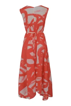 Orange polyester abstract print sleeveless A-line midi plissé dress with self-tie fastening at waist