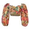 Orange polyester floral print sweetheart bustier top with button-loop appliqué and balloon sleeves