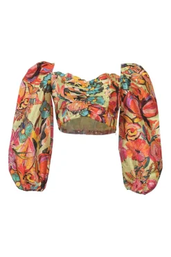 Orange polyester floral print sweetheart bustier top with button-loop appliqué and balloon sleeves