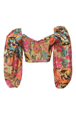 Orange polyester floral print sweetheart bustier top with button-loop appliqué and balloon sleeves